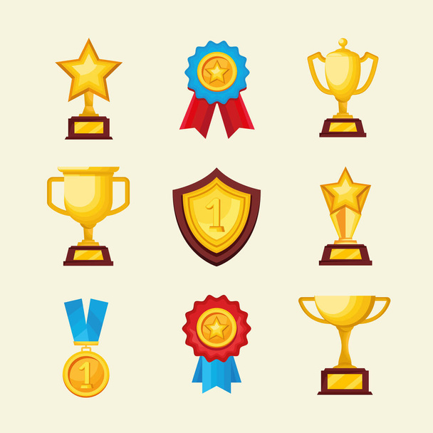 nueve iconos de premios de oro - Vector, Imagen