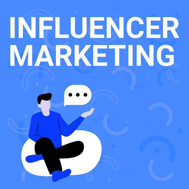 Signo de texto que muestra Influencer Marketing. Word Written on Endorser who Influence Potencial Target Customers Illustration Of Businessman Sitting On Soft Sofa Chair Talking. - Foto, imagen