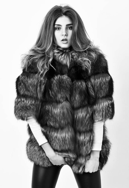 Winter elite luxury clothes. Female brown fur coat. Fur store model posing in soft fluffy warm coat. Pretty fashionista. Woman makeup and hairstyle posing mink or sable fur coat. Fur fashion concept - Foto, afbeelding