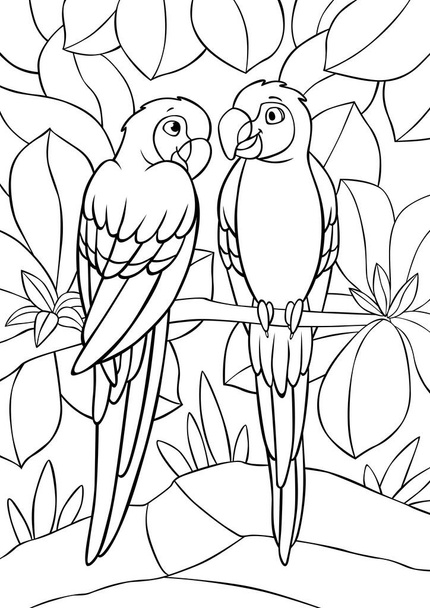 Disegno da colorare. Due simpatici pappagalli macaw rosso siede sul tre ramo e sorride. Sono innamorati.. - Vettoriali, immagini