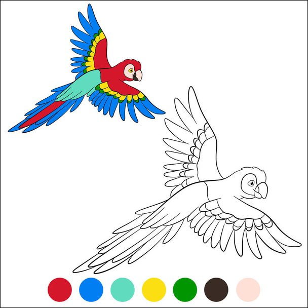 Χρωματισμός σελίδα πουλιά. Χαριτωμένος χαρούμενος παπαγάλος κόκκινος μακάο πετάει και χαμογελάει. - Διάνυσμα, εικόνα