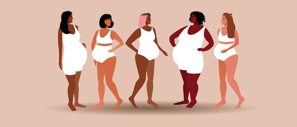 Mujeres embarazadas, diferente color de piel y figura. Ilustración de vector plano. Aspecto de la mujer embarazada. Personas africanas, más tamaño o delgada - Vector, imagen