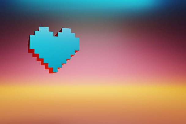 Пиксельные иконки сердца. Символы красивых голубых сердец на многоцветном ярком фоне. 3d визуализация иллюстрации. Фоновый рисунок для дизайна. - Фото, изображение