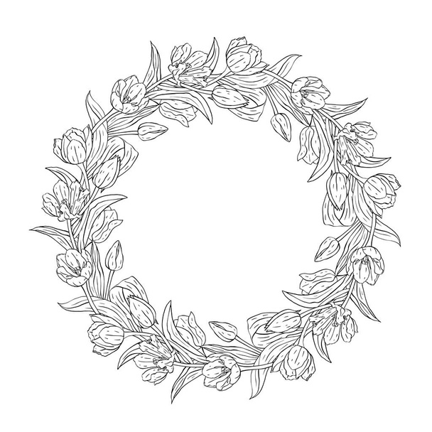 モノクロームラインアートチューリップの花は白に隔離されたリース - ベクター画像