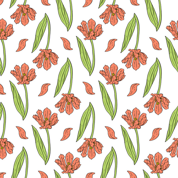 Vintage seamless pattern with pink tulips flowers and leaves on white - ベクター画像