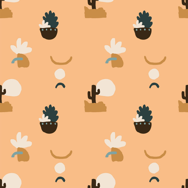 Cute seamless pattern with abstract organic shapes and cactus plants. Modern collage style wallpaper, fabric design, print - Vektor, obrázek