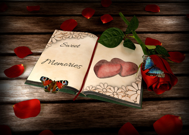 μνήμες έννοια - βιβλίο, τριαντάφυλλα και πεταλούδες στο ξύλινο τραπέζι - Φωτογραφία, εικόνα