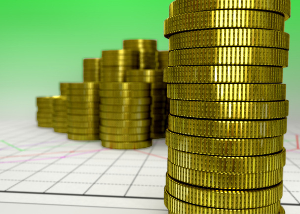 golden piles of coin on green background - Photo, Image