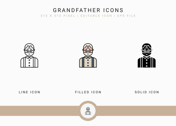 Los iconos del abuelo establecen la ilustración del vector con el estilo de línea de icono sólido. Los abuelos enfrentan el concepto. Icono de trazo editable en un fondo aislado para diseño web, interfaz de usuario y aplicación móvil - Vector, imagen