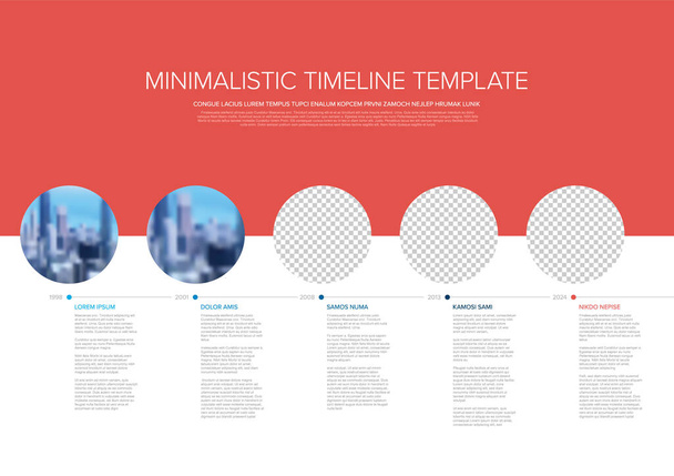 Vector Infographic einfache minimalistische Zeitleistenvorlage aus Kreis-Foto-Platzhaltern mit Textinhalt - Light-Version mit einfacher Zeitleiste. Zeitleisteninfochart mit Bildern in Kreisfenstern. - Vektor, Bild