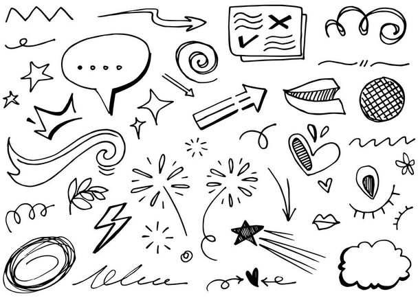 Hand drawn set elements, Abstract arrows, ribbon, heart, star leaf, crown and other elements in hand drawn style for concept design. Scribble illustration. Vector illustration. - Вектор, зображення