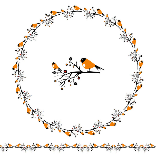 Wreath of flowers and birds on a branch. Abstract floral design.  - Διάνυσμα, εικόνα