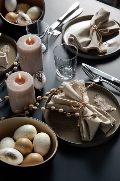 close up of easter table serving over black - Фото, зображення