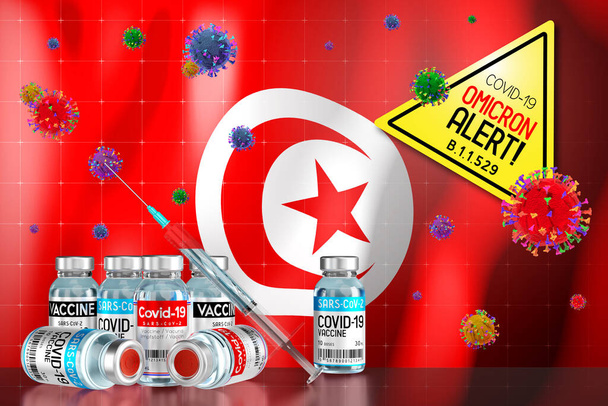 Covid-19 Omicron B.1.1.529 varyant alarmı, Tunus 'taki aşı programı - 3D illüstrasyon - Fotoğraf, Görsel