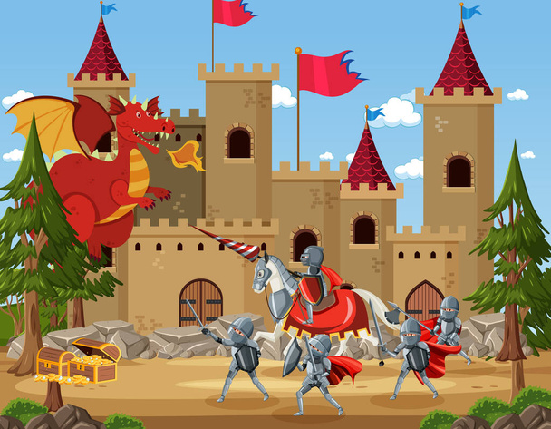 Mittelalterliche Szene mit Rittern, die mit antiken Drachen kämpfen - Vektor, Bild