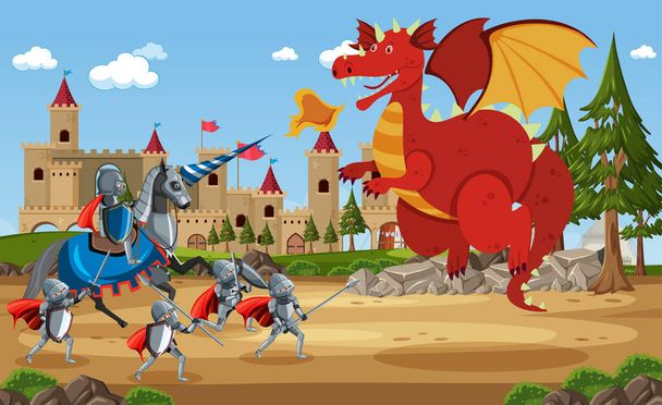 Guerrieri medievali che combattono con l'antica illustrazione del drago - Vettoriali, immagini