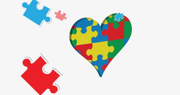 Image of puzzles falling over beating heart formed with autism awareness puzzles on white. autism and learning difficulties support and awareness concept digitally generated image. - Foto, Bild