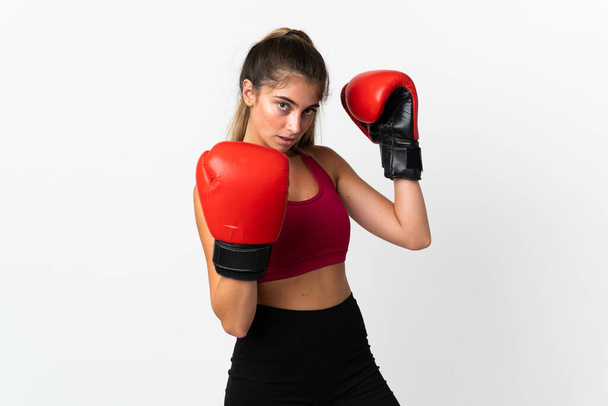 Young caucasian woman isolated on white background with boxing gloves - Fotoğraf, Görsel