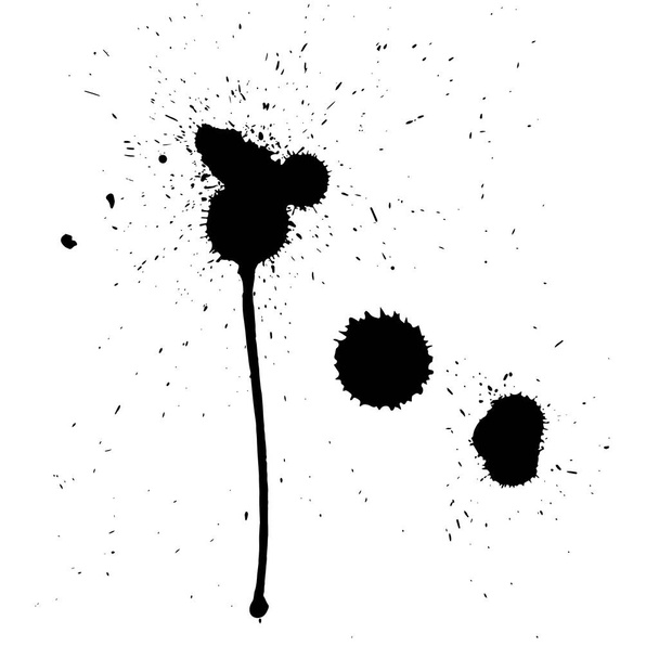 Ink spots made by falling ink from a height. Black spots on a white background. Three big spots and a lot of small ones. - Vector, Image