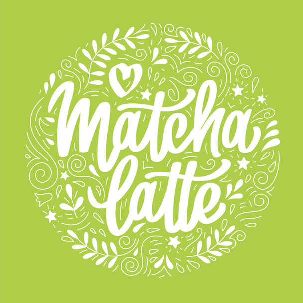 Lettrage Matcha latte avec des éléments de style doodle. Inscription éléments blancs décorés sur fond vert. Calligraphie vectorielle dessinée à la main pour boisson. - Vecteur, image