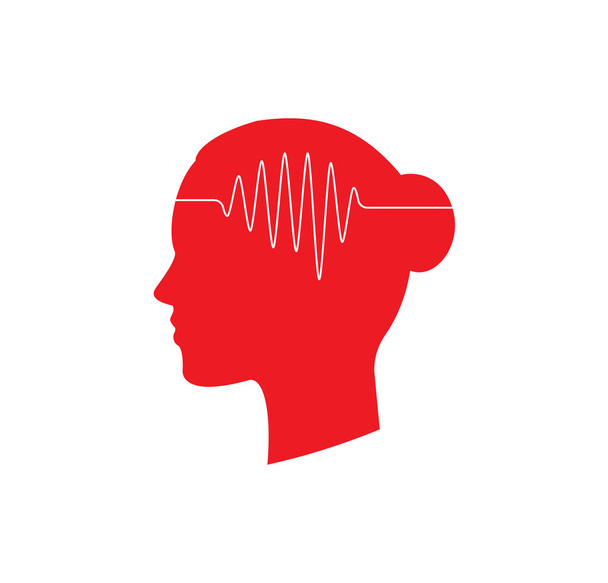 パルスライン記号、神経インパルス抽象記号、音楽メディアライブラリアイコン、脳の健康、試験パニック信号、アドレナリンロゴを持つ人の頭のシルエット。ベクターイラスト - ベクター画像
