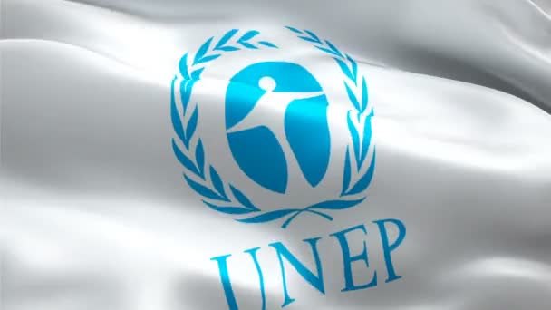 Milieulogo van de VN. Nationaal 3d UNEP-logo zwaaiend. Teken van UN Environment naadloze animatie. Achtergrond UNEP-vlag HD - New York, 4 juli 2021 - Video