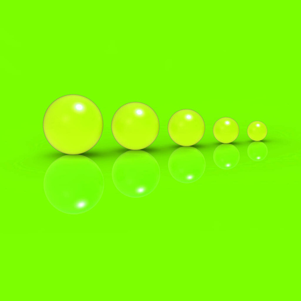 Fünf Glaskugeln in verschiedenen Größen von gelber Farbe auf lindgrünem Hintergrund. Wachstum von etwas. Fortschritt. Quadratisches Bild. 3D-Bild. 3D-Rendering. - Foto, Bild