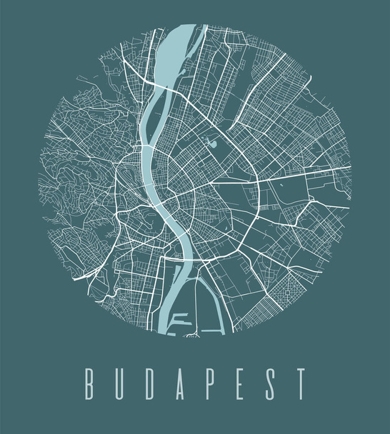 Budapeste mapa da cidade círculo cartaz. Redonda circular estrada vista aérea, rua mapa ilustração vetorial. Panorama da área de paisagem urbana com água. - Vetor, Imagem