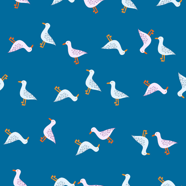 Seagulls standing seamless pattern. Background of sea birds. Repeated texture in doodle style for fabric, wrapping paper, wallpaper, tissue. Vector illustration. - Вектор,изображение