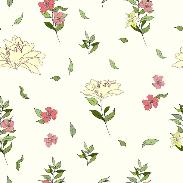 Primavera floral ligero fondo sin costuras, ramas verdes con flores. Ilustración vectorial para tela, textiles para el hogar y papel. - Vector, Imagen