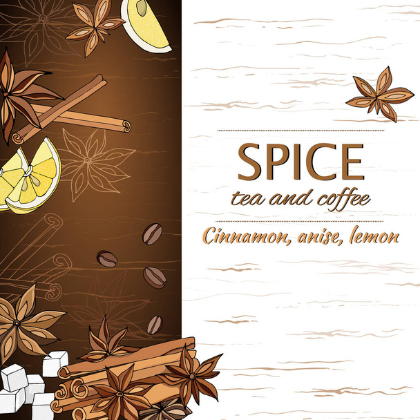 Vector illustration of anise, cinnamon sticks on a brown background. Spices for tea and coffee, vector illustration for poster, baner and menu. - Vector, Image