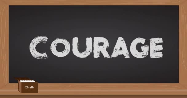 White paint scribbles Courage text on vintage chalkboard, antique industrial charcoal color banner. Strong business concept. - Footage, Video