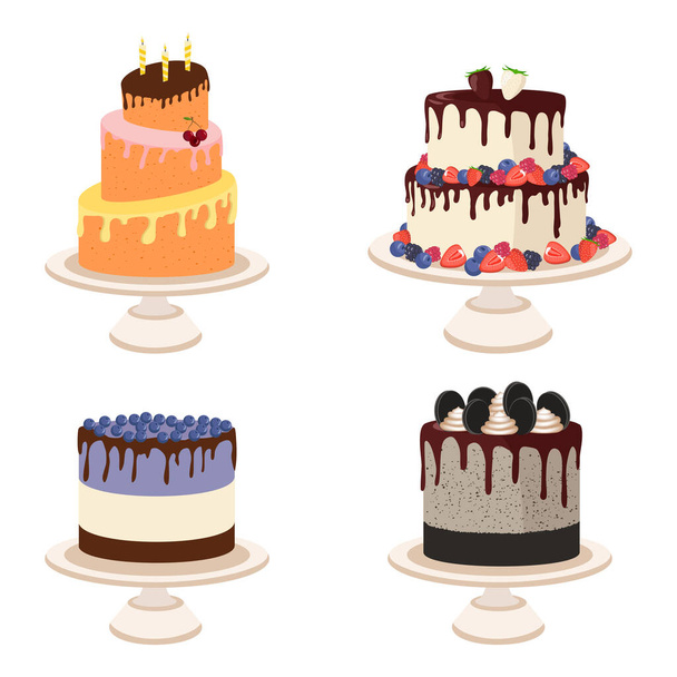 漫画ケーキ。カラフルなおいしいデザート、誕生日キャンドル付きの誕生日ケーキ、チョコレートとベリーの作品、休日の装飾。ベクトルセット - ベクター画像