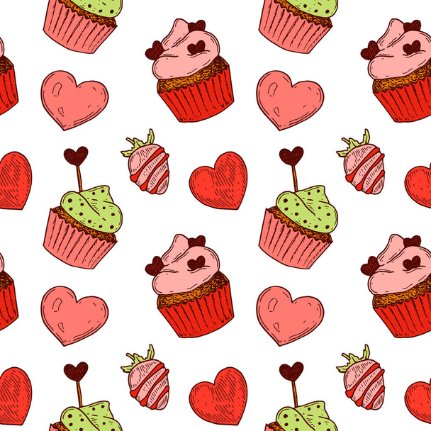 Hand drawn colorful Valentines Day seamless pattern. Vector illustration in sketch style - ベクター画像