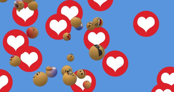 Image of multiple face emojis and heart icons floating against blue background. Global social media network concept digitally generated image. - Foto, Imagen