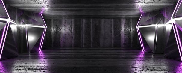 sótano vacío de metal oscuro y hormigón con futurista violeta y luz láser blanco 3d render illustration - Foto, imagen