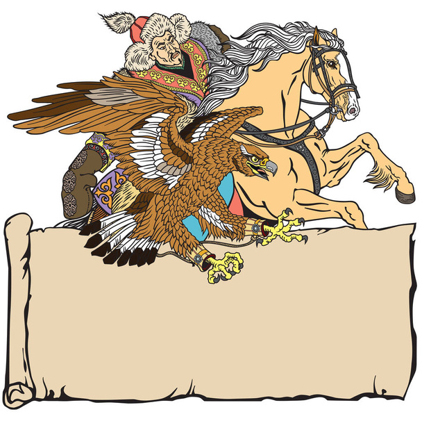 A caccia con un'aquila reale su un cavallo. Cacciatore nomade kazako seduto a cavallo pony al galoppo. Falconeria tradizionale nella steppa eurasiatica. Modello con un antico rotolo - Vettoriali, immagini
