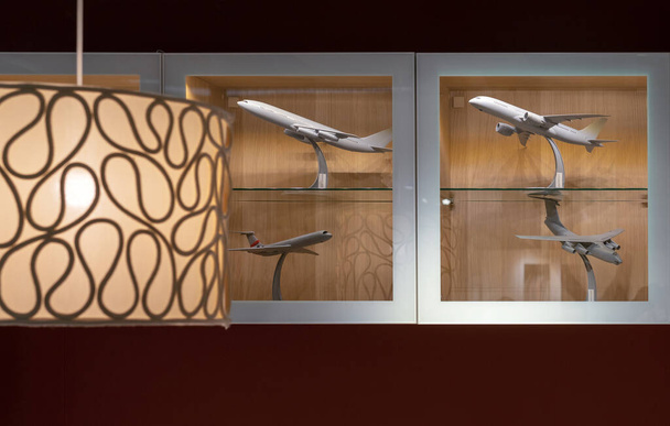Авіаційні моделі в дерев'яній полиці зі скляними дверима
. - Фото, зображення