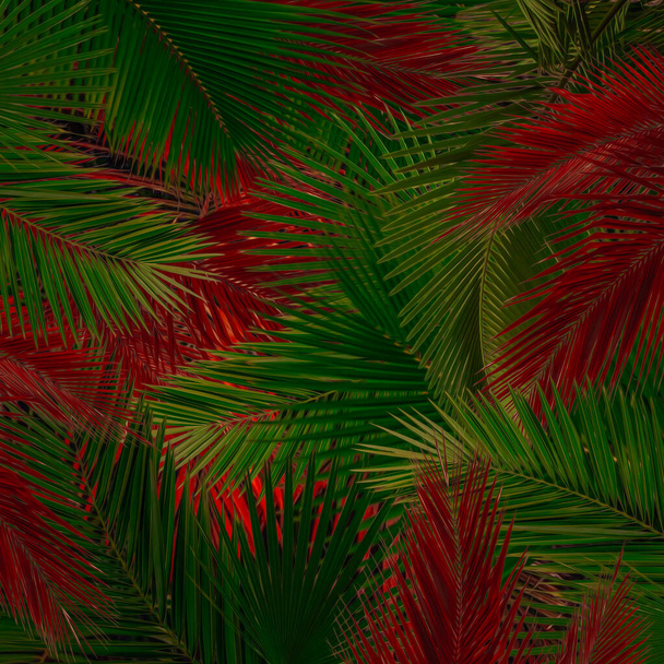 Kırmızı ve yeşil palmiye yaprakları. Üç boyutlu illüstrasyon. Yağlı boya resmin taklidi. - Fotoğraf, Görsel