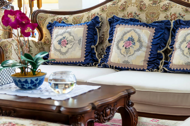 Detail image of Pillows on an antique luxury sofa - Photo, Image