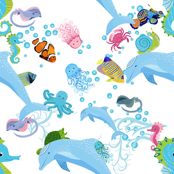 Marine life, fish, animals bright seamless pattern. sea travel, underwater diving animal tropical fish. Jellyfish, whale, shark, seahorse, clown fish, dolphin, turtle emperor fish octopus stingray - Vetor, Imagem