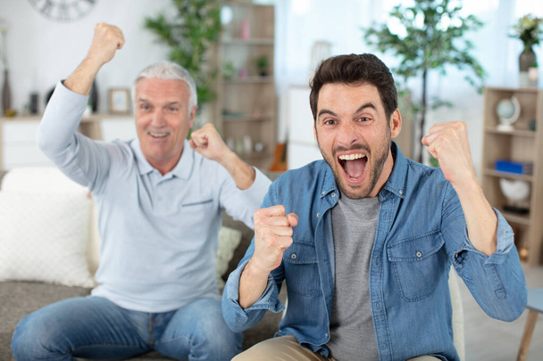 senior father and son cheering for their team - 写真・画像