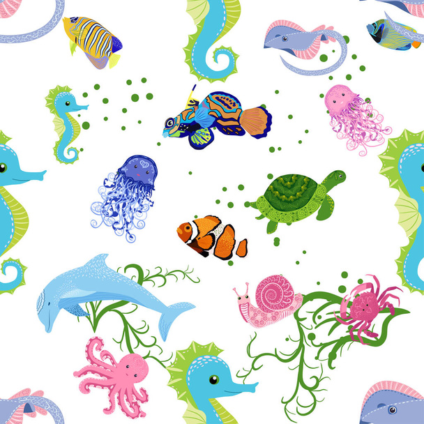 Marine life, fish, animals bright seamless pattern. sea travel, underwater diving animal tropical fish. Jellyfish, whale, shark, seahorse, clown fish, dolphin, turtle emperor fish octopus stingray - Vector, afbeelding
