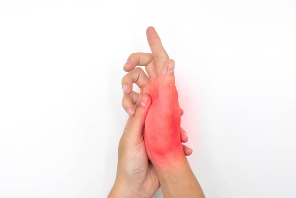 Bolesny aspekt dłoni młodego Azjaty. Pojęcie zespołu ciasnoty przedziałów, zapalenia tkanki łącznej i bólu mięśni rąk. - Zdjęcie, obraz