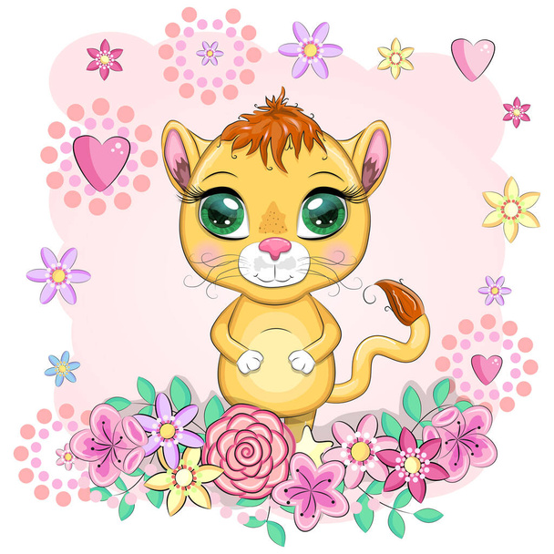 Cartoon lioness with expressive eyes. Wild animals, character, childish cute style - Vector, Image