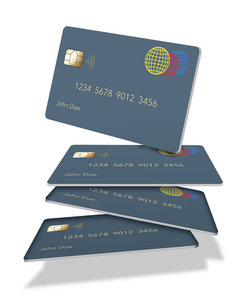 Aquí hay una tarjeta de crédito o débito simulada genérica que es azul. Esta es una ilustración en 3D y un diseño moderno para 2022 - Foto, imagen