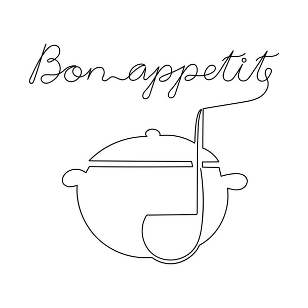 Disegno lineare continuo iscrizione Bon appetit, pentola e mestolo. Illustrazione vettoriale a linea singola disegnata a mano su sfondo bianco. Il tema del cibo - Vettoriali, immagini