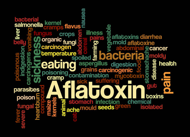 Word Cloud with AFLATOXIN concept, isolated on a black background. - Photo, Image