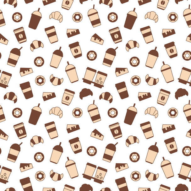 Vector seamless pattern of cups of coffee, drinks, cakes, croissants and donuts. Illustration on the theme of food, coffee and sweets. Abstract background of icons of cups of coffee, tea, dessert, baking  - Διάνυσμα, εικόνα
