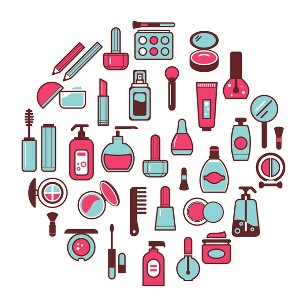 Vector set of flat icons of cosmetics, beauty products and makeup - Vektori, kuva